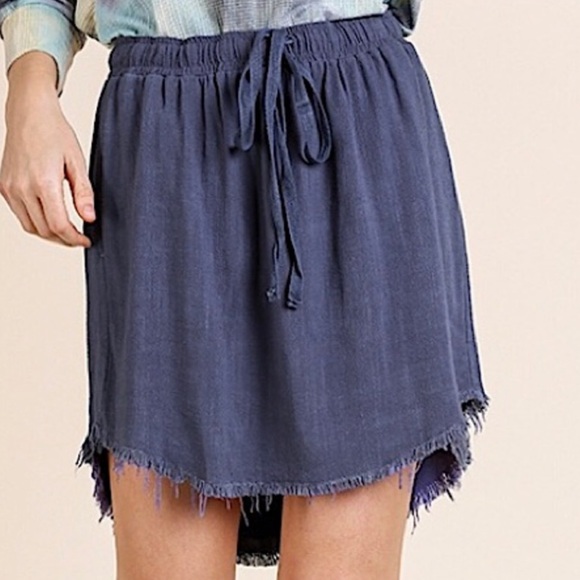 Umgee Skirts High Low Linen Blend Skirt In Blue With Frayed Rounded